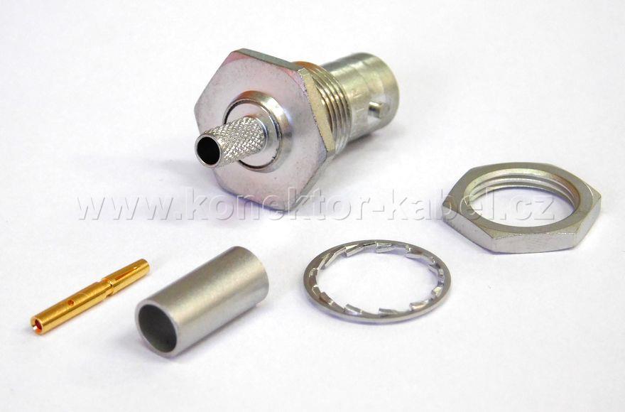 BNC/F 0°, 50 Ohm, krimp., bulkhead, RG-58, ROS.